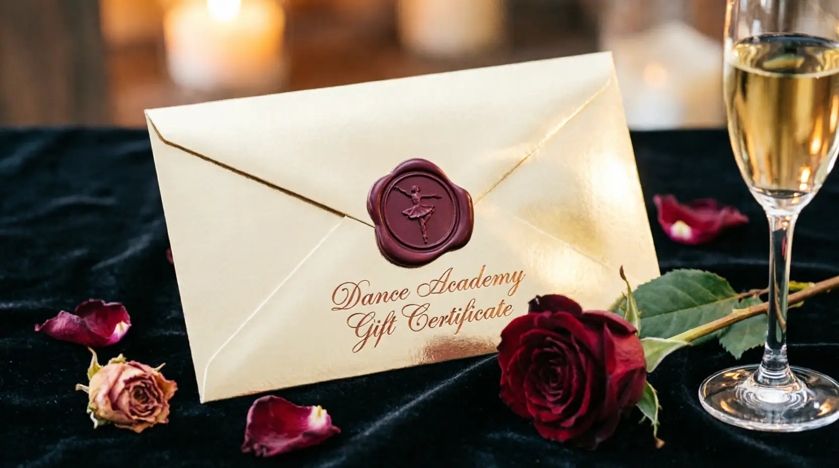 Goldener Umschlag mit siegelnder Wachsplakette und Tanzmotiv neben einer roten Rose