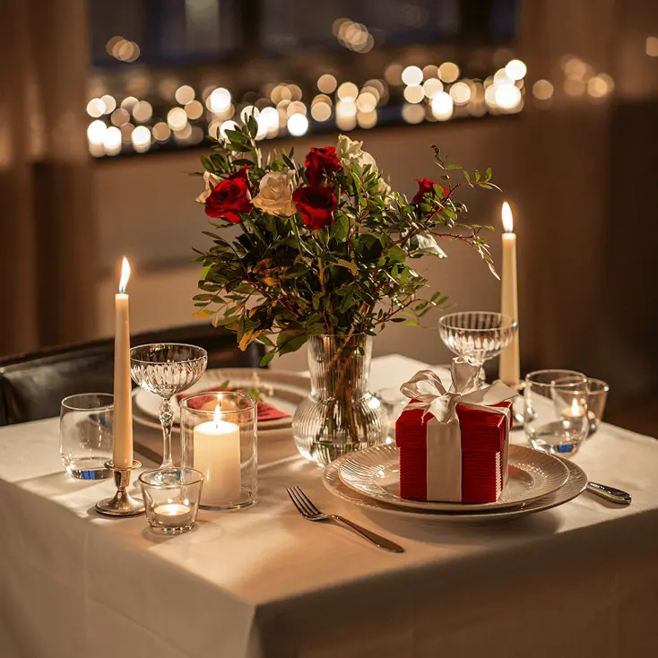 Warm beleuchteter Salon mit gedecktem Tisch für zwei, bereit für einen privaten Abend